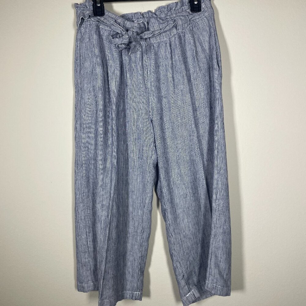 Dash Women's Linen Blend Cropped Pants Navy White Stripe Wide Leg Large!